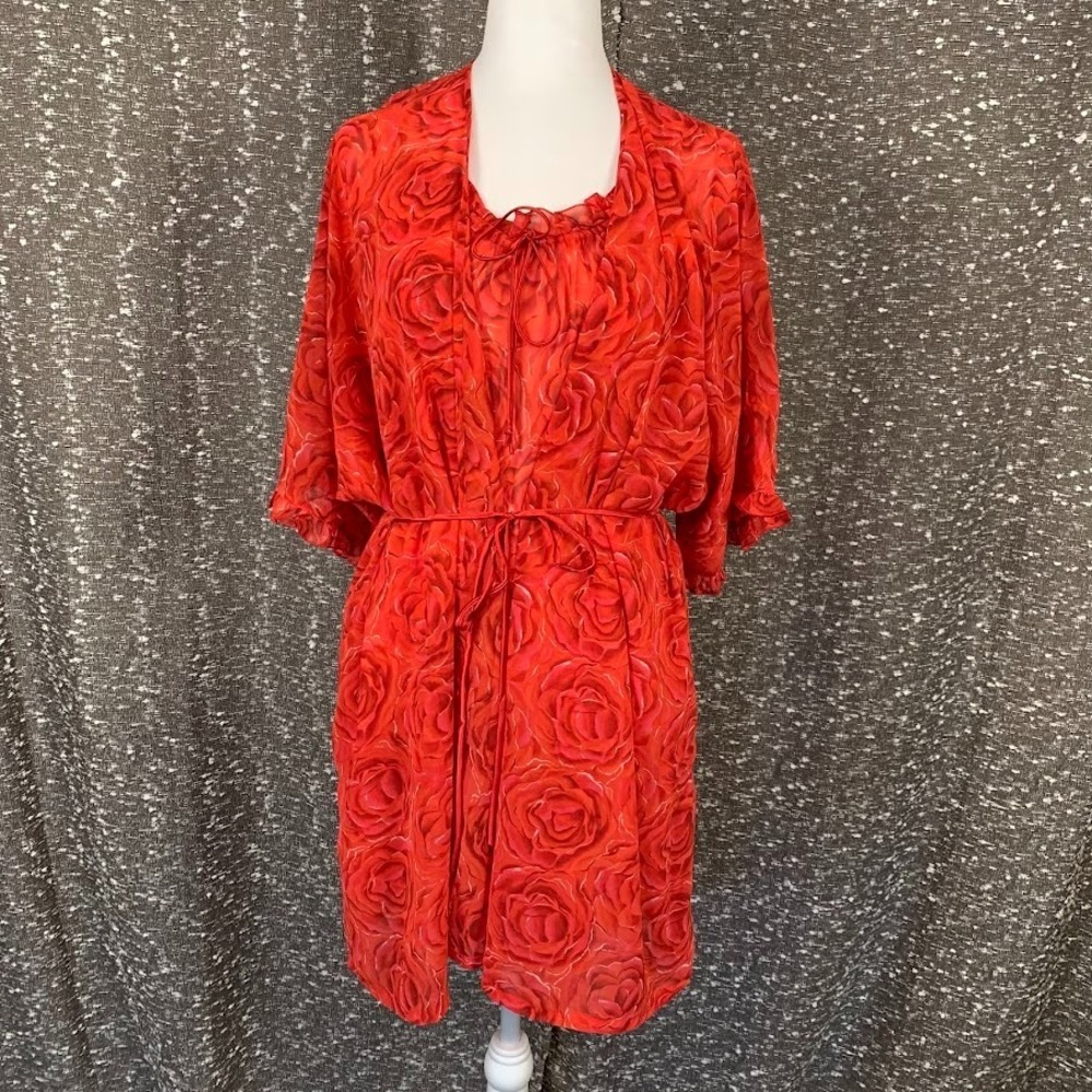 Vintage Josie Red Floral Rose Sleepwear‎ Slip Dress & Robe Set Women's Large
